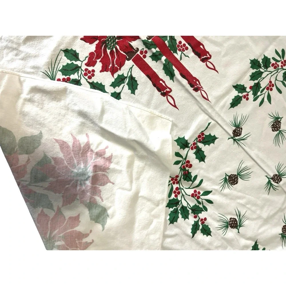 Vintage Christmas Tablecloth 52x60 Poinsettia Holly Candle Pinecone Holiday